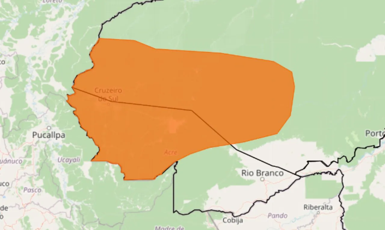 O mapa mostras as &aacute;reas em alerta laranja para chuva intensa